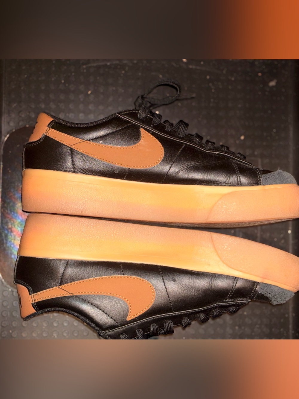 Sz 8 Nike Women’s  Black Sneakers with Brown Swoosh and Gum Sole